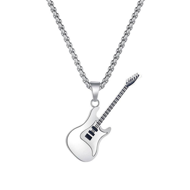 Classic Guitar Charm Pendant Necklace in Stainless Steel: Black / 70cm  Chain