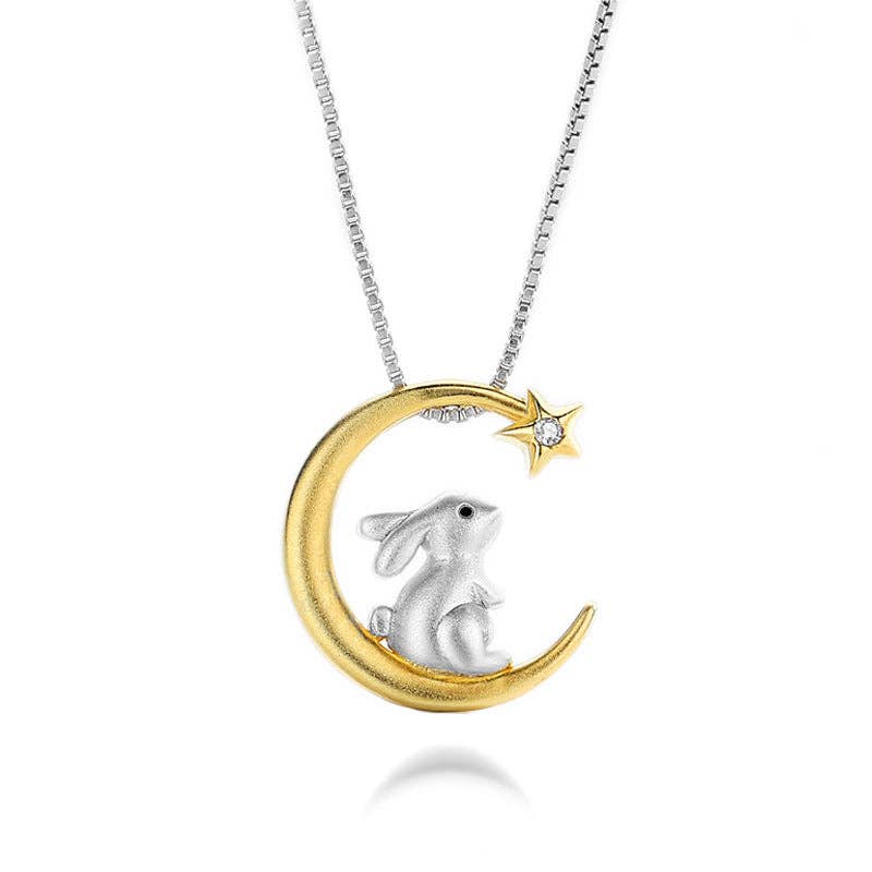 Gold Moon Star Bunny Rabbit Necklace in 925 Sterling Silver