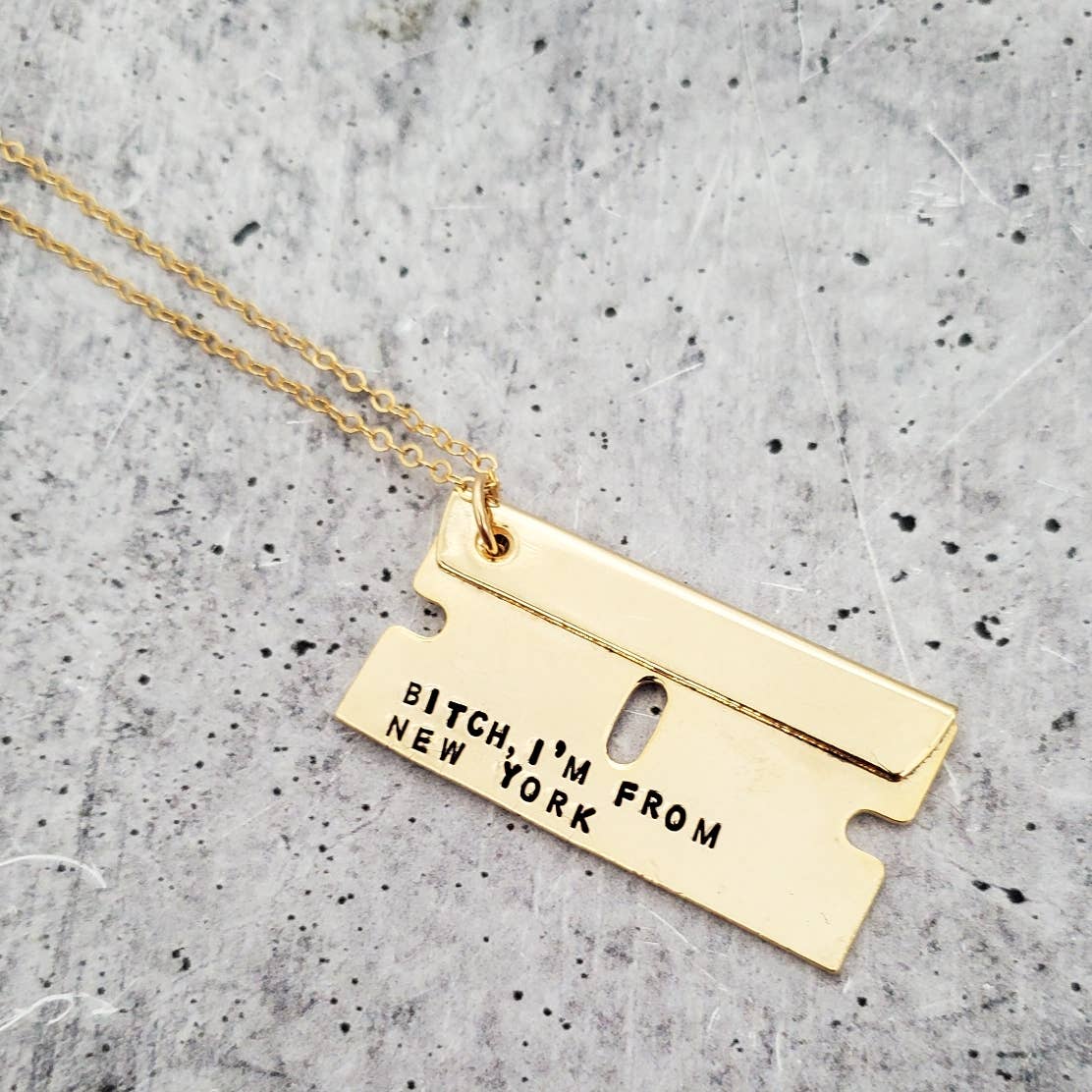 Bitch, I'm from The Hamptons Razor Blade Necklace: Gold / 22"