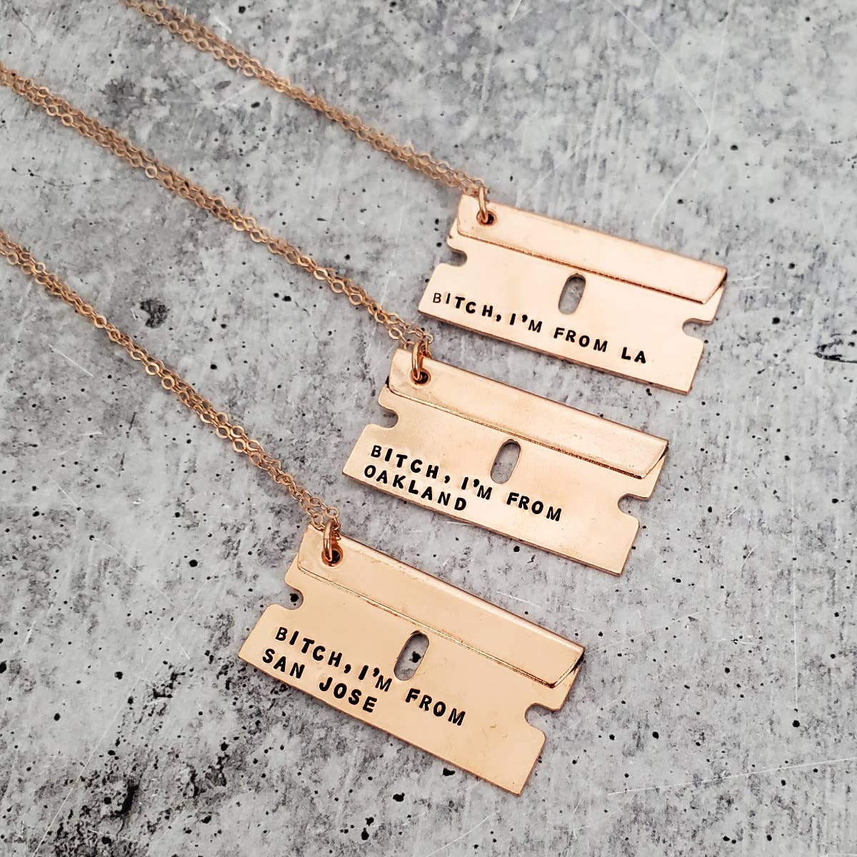 Bitch, I'm from The Hamptons Razor Blade Necklace: Gold / 22"