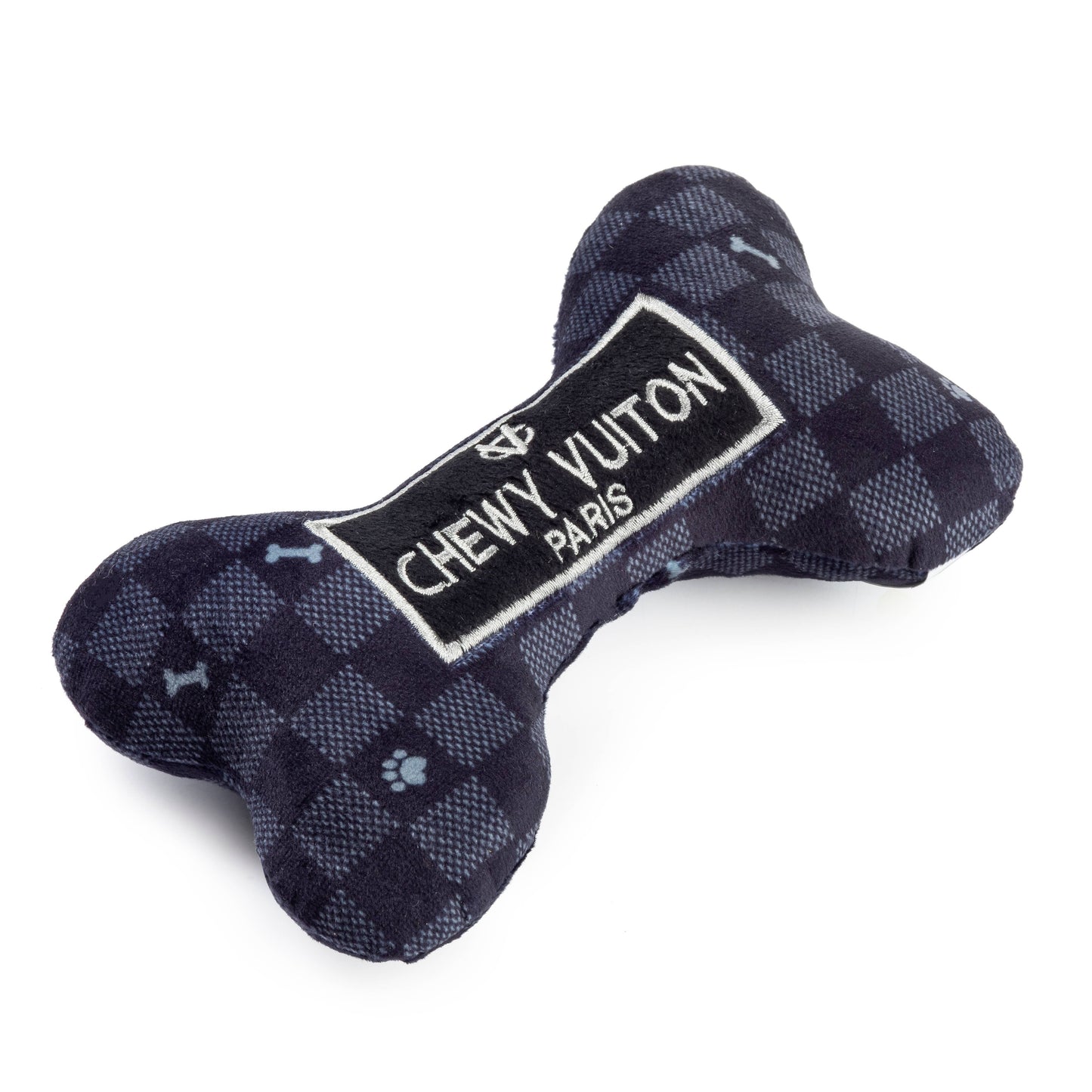 Black Checker Chewy Vuiton Bone Squeaker Dog Toy: Small