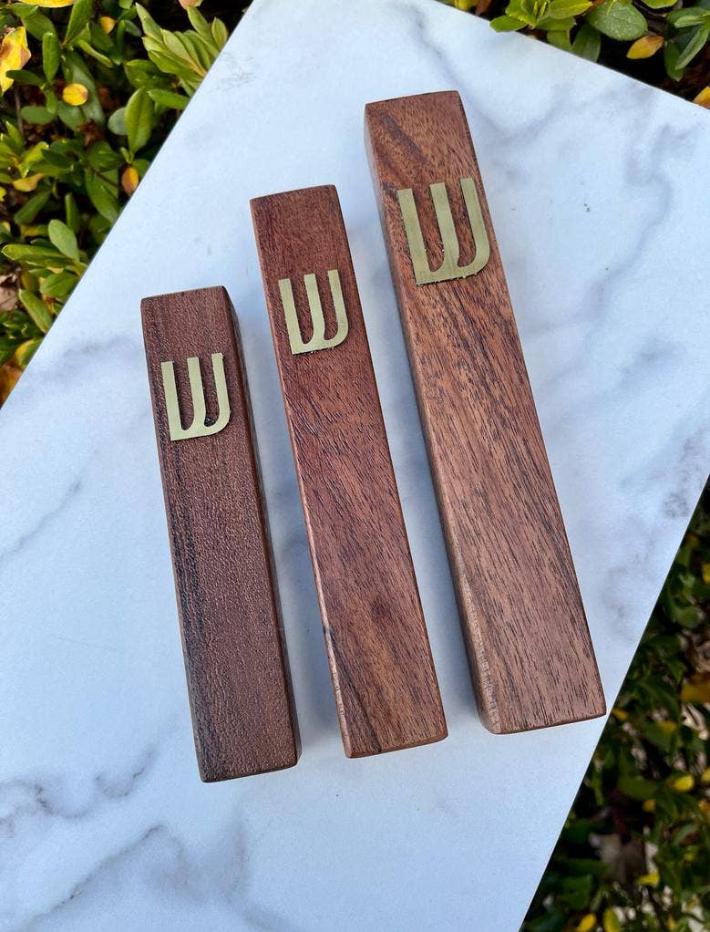 Walnut Wood + Gold Shin Mezuzah 7"