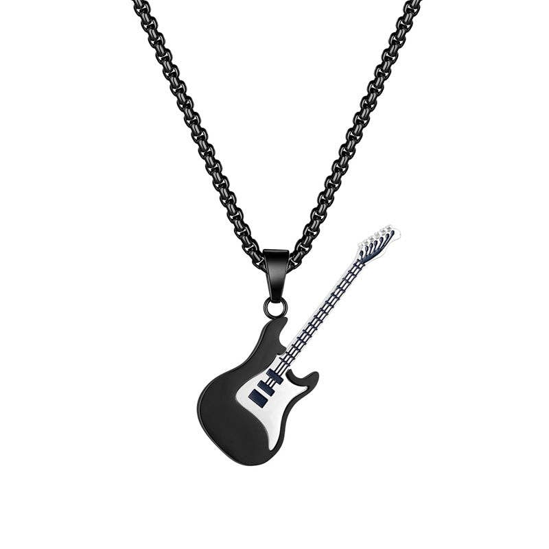 Classic Guitar Charm Pendant Necklace in Stainless Steel: Black / 70cm  Chain