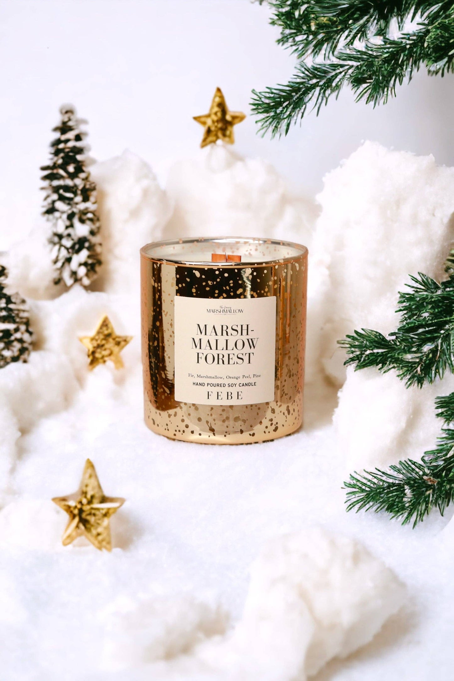 Marshmallow Forest- Vanilla + Pine 10oz Gold Glass Candle