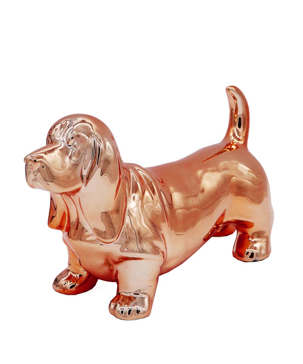 Standing Basset Hound Ceramic Statue: Metallic Silver