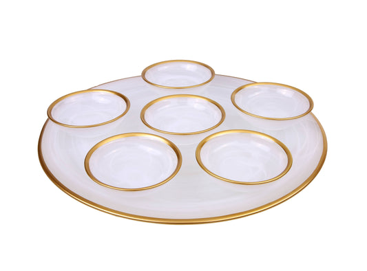 12.75"D Alabaster White Glass Tray With 6 Bowls