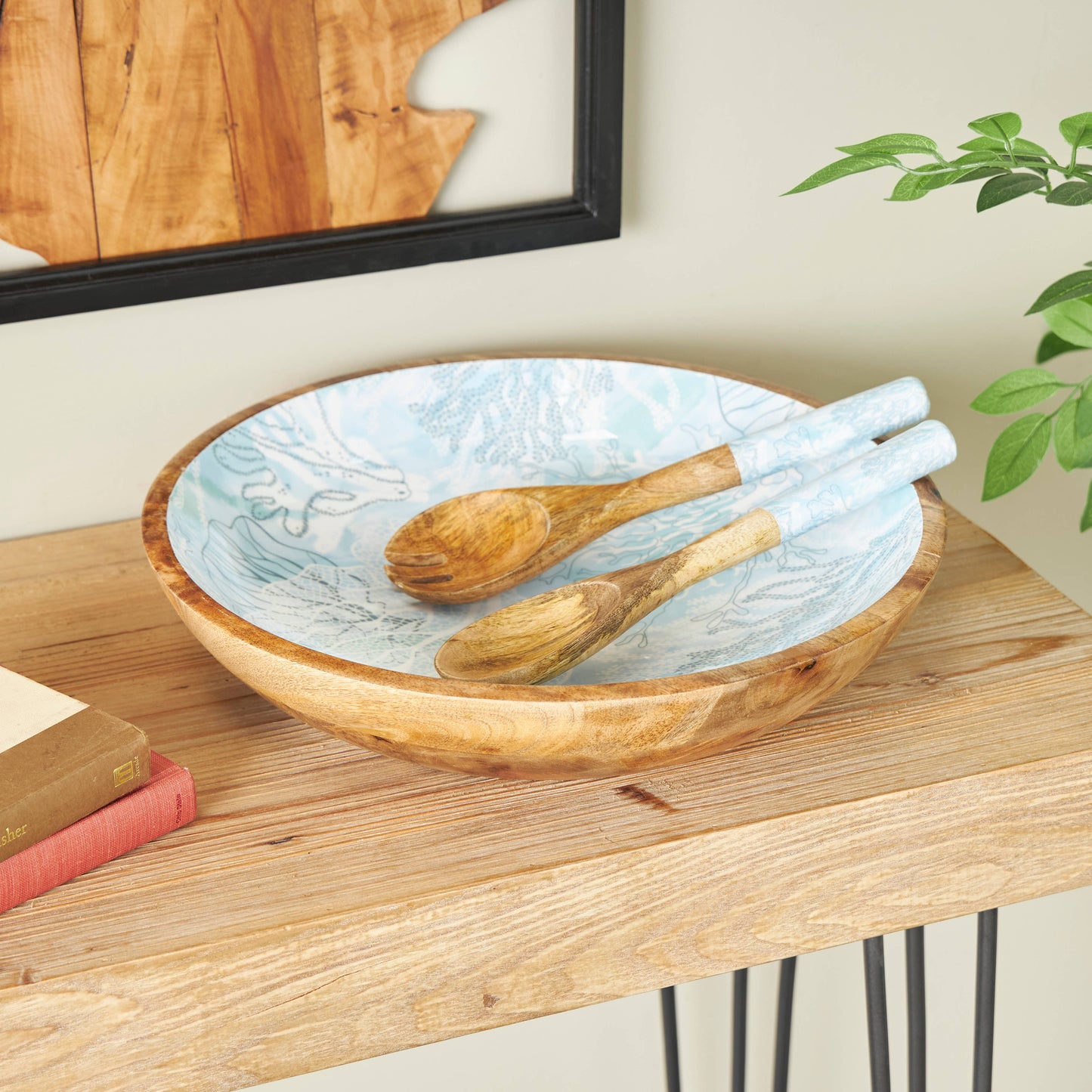 Blue or Cream Mango Wood Handmade Decorative Bowl Set of 3: Blue