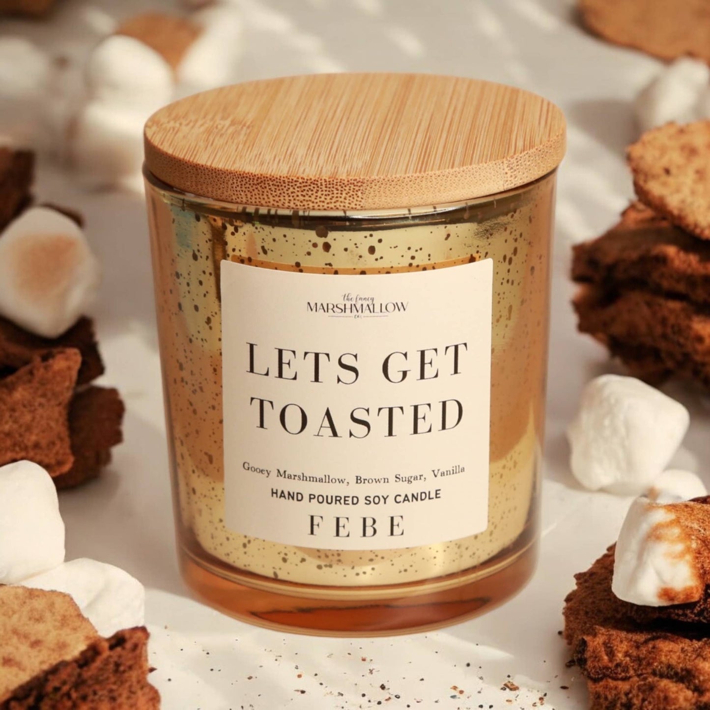 Lets Get Toasted- Toasted Marshmallow 5oz Gold Glass Candle