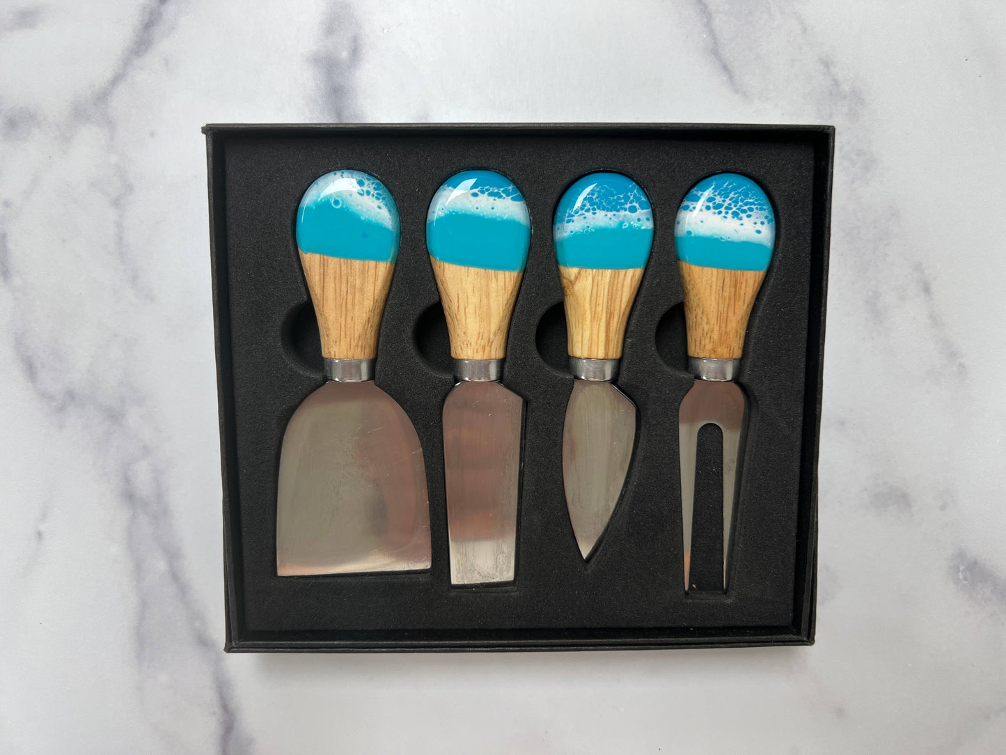 Cheese Utensil Set of 4 with black box organic resin poured: Navy/gold/white