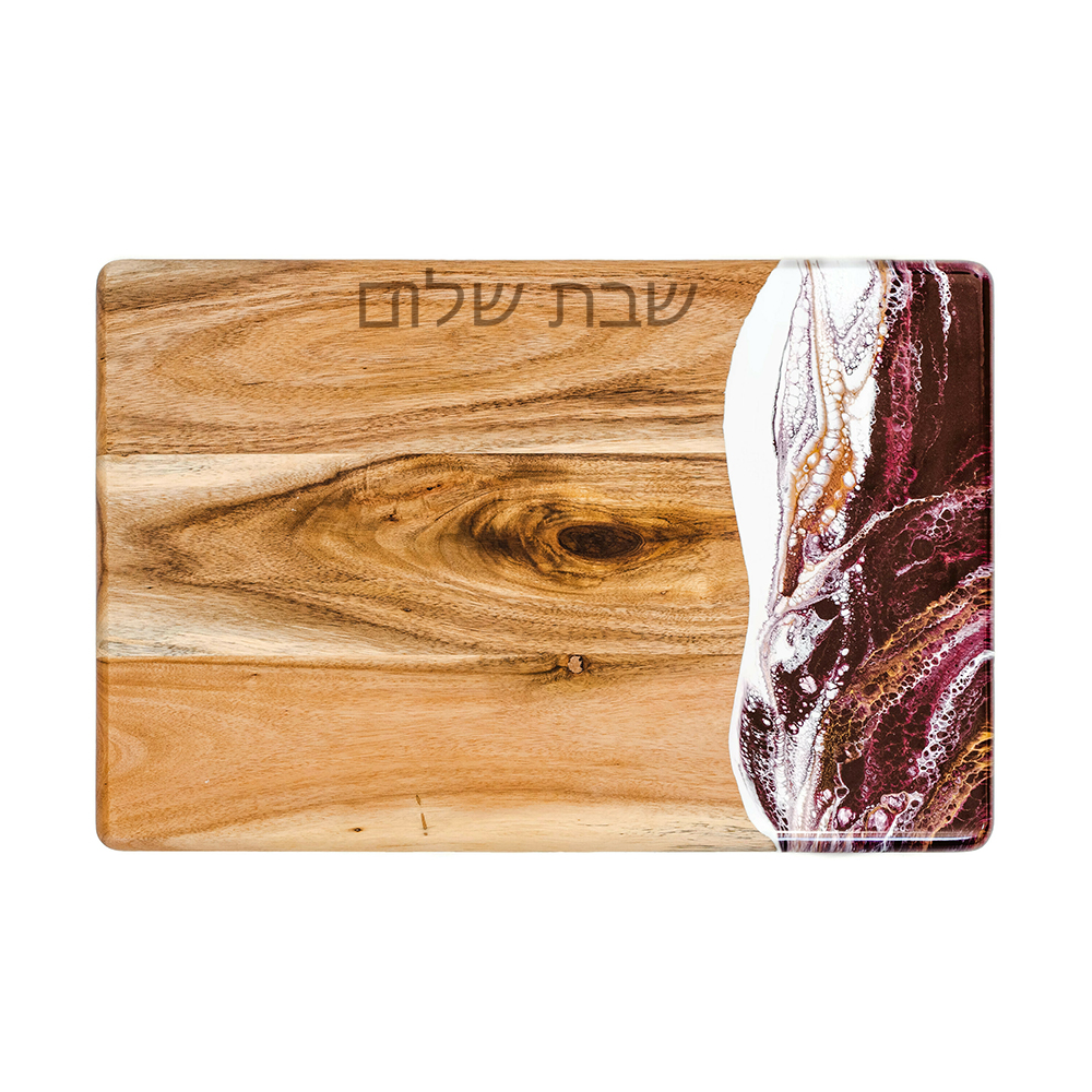 Acacia Judaica Shabbat Shalom Challah Board - Hebrew: Caribbean Blue