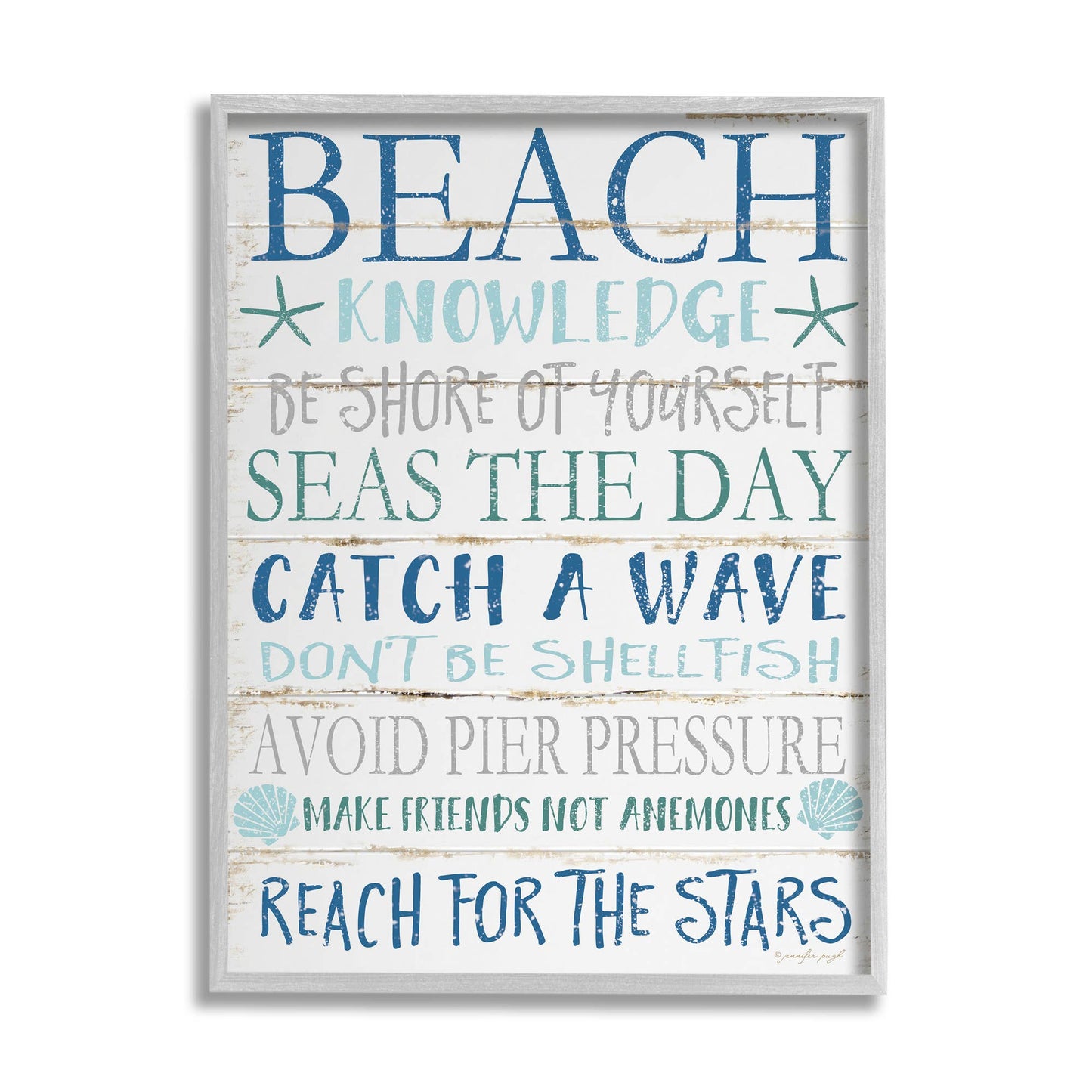 Beach Knowledge Blue Aqua and White Planked Look Sign Framed: Gray Framed