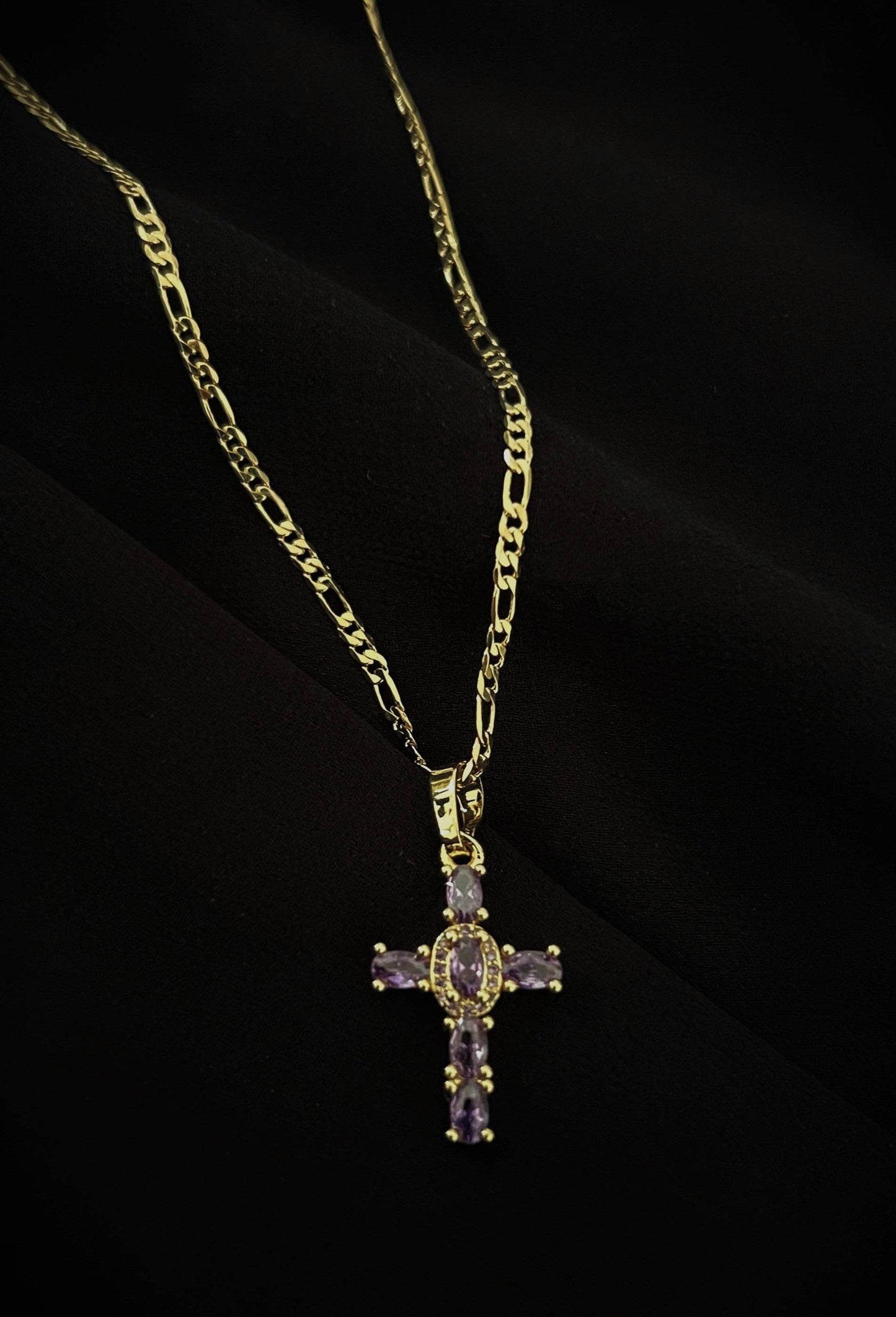 Baguette Figaro Cross Necklace: Violet