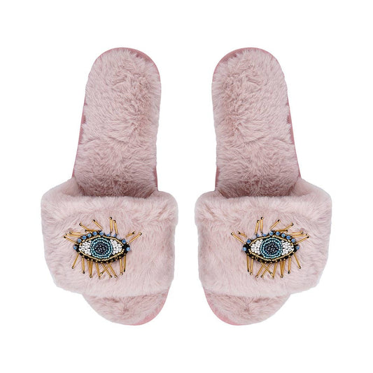 BEADED EVIL EYE SLIPPERS: Pink / Small (5-6)