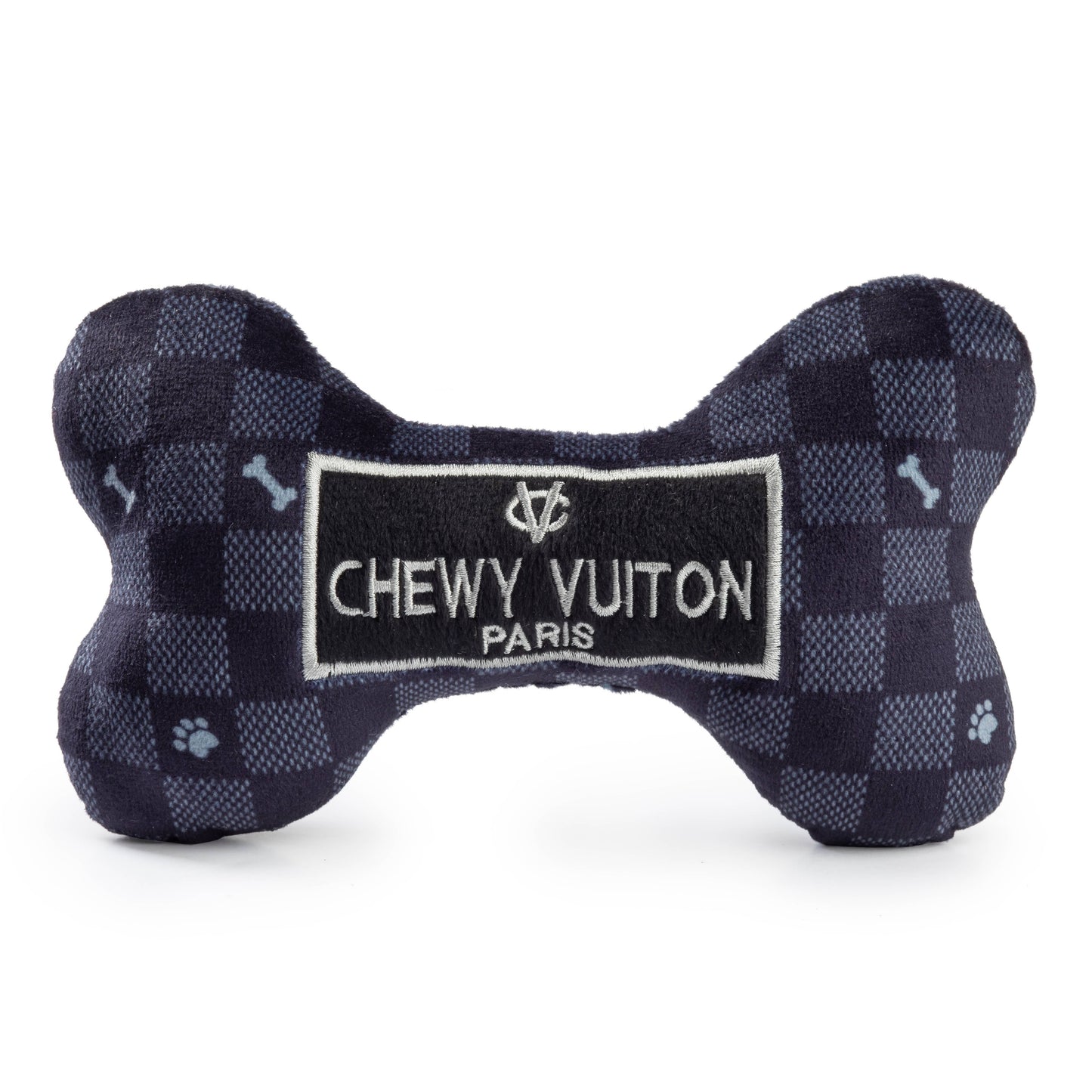 Black Checker Chewy Vuiton Bone Squeaker Dog Toy: Small