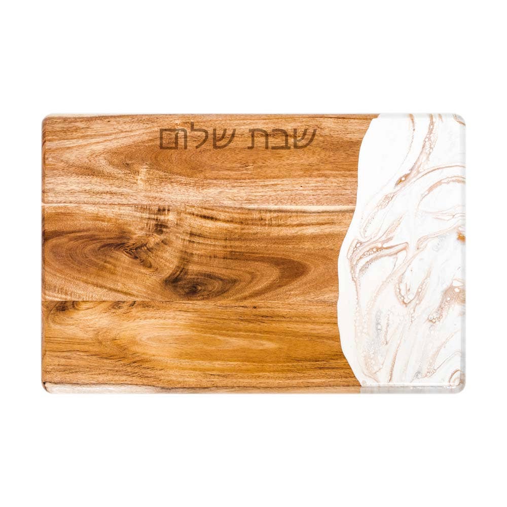 Acacia Judaica Shabbat Shalom Challah Board - Hebrew: Caribbean Blue