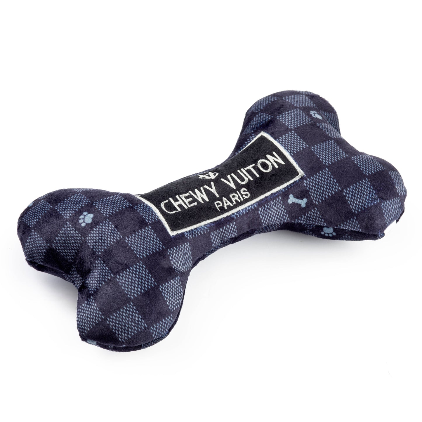 Black Checker Chewy Vuiton Bone Squeaker Dog Toy: Small