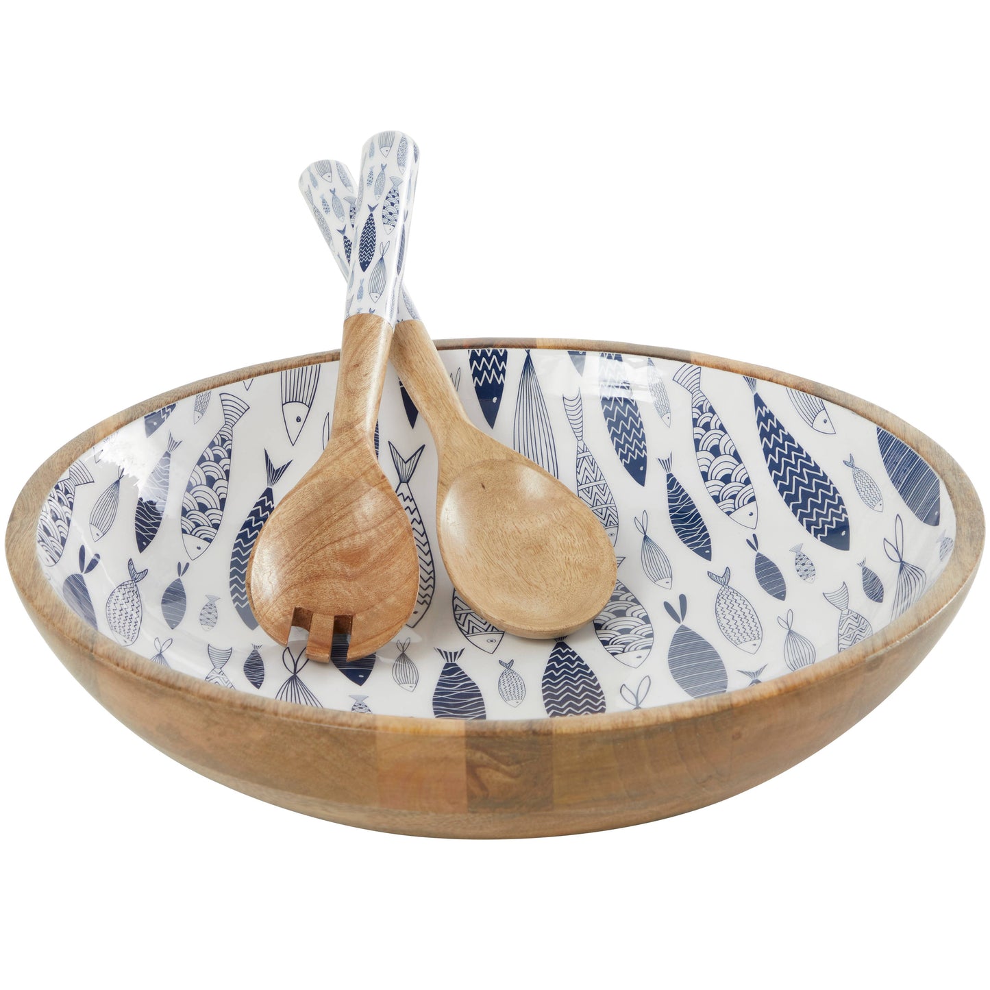 Blue or Cream Mango Wood Handmade Decorative Bowl Set of 3: Light Blue