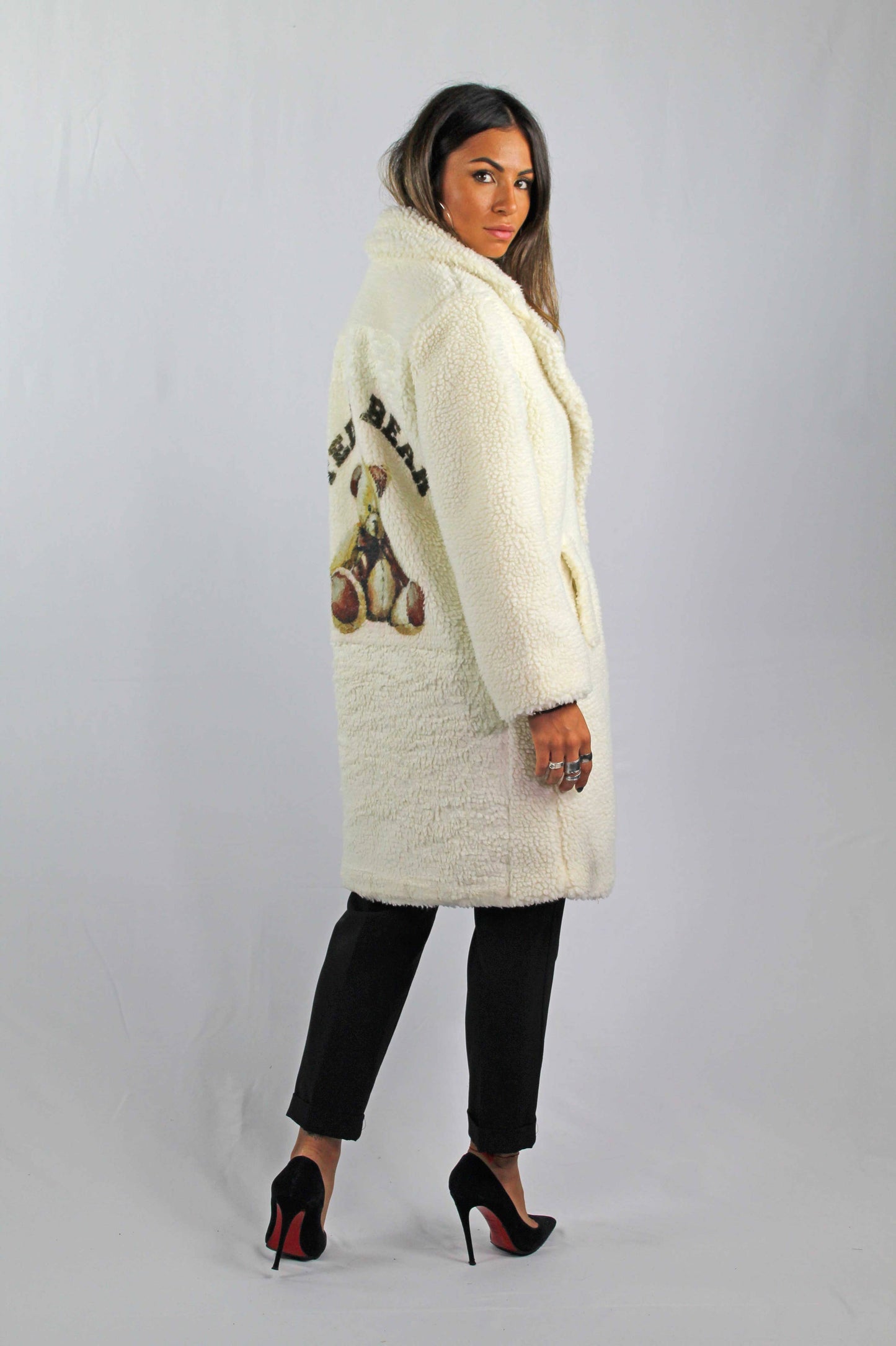 TEDDY BEAR PLUSH WINTER COAT WITH TEDDY BEAR PRINT: Beige