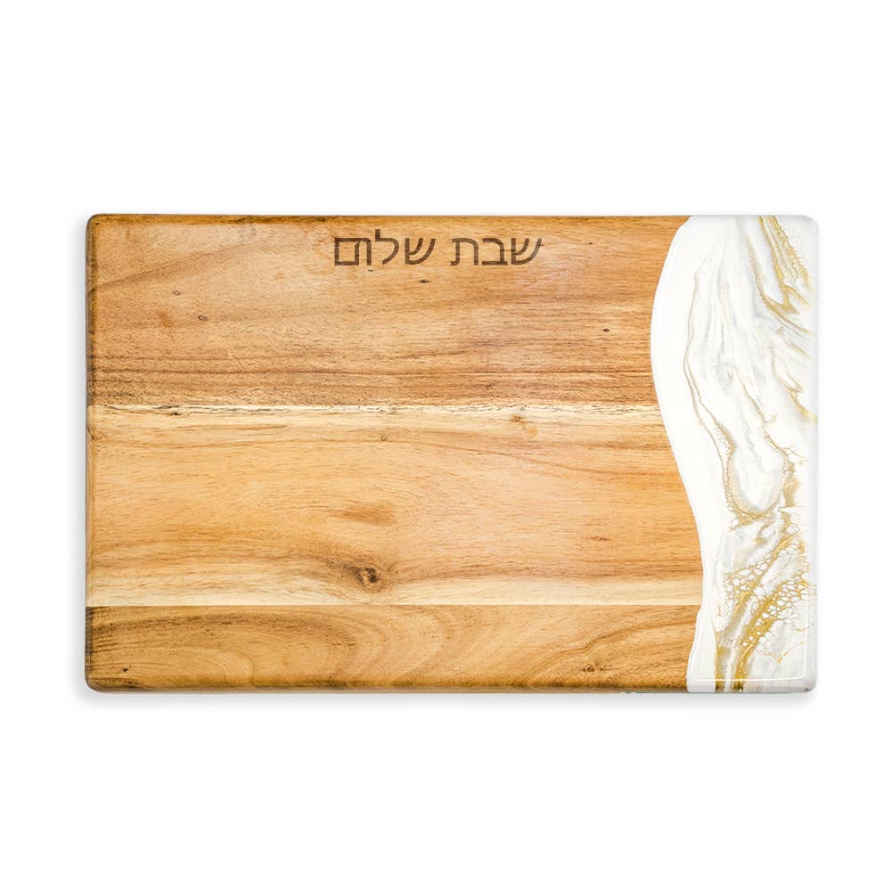 Acacia Judaica Shabbat Shalom Challah Board - Hebrew: Caribbean Blue