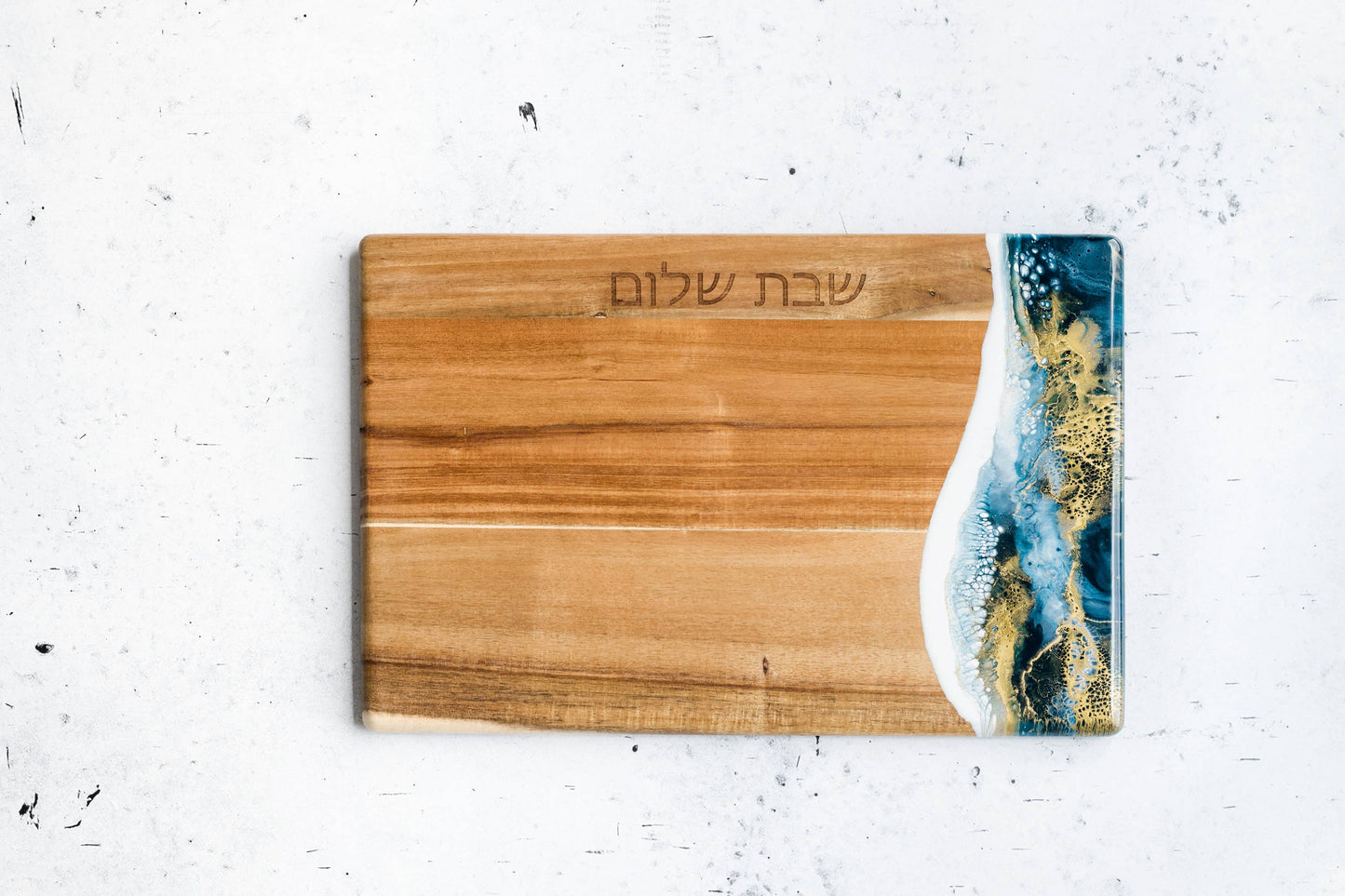 Acacia Judaica Shabbat Shalom Challah Board - Hebrew: Caribbean Blue