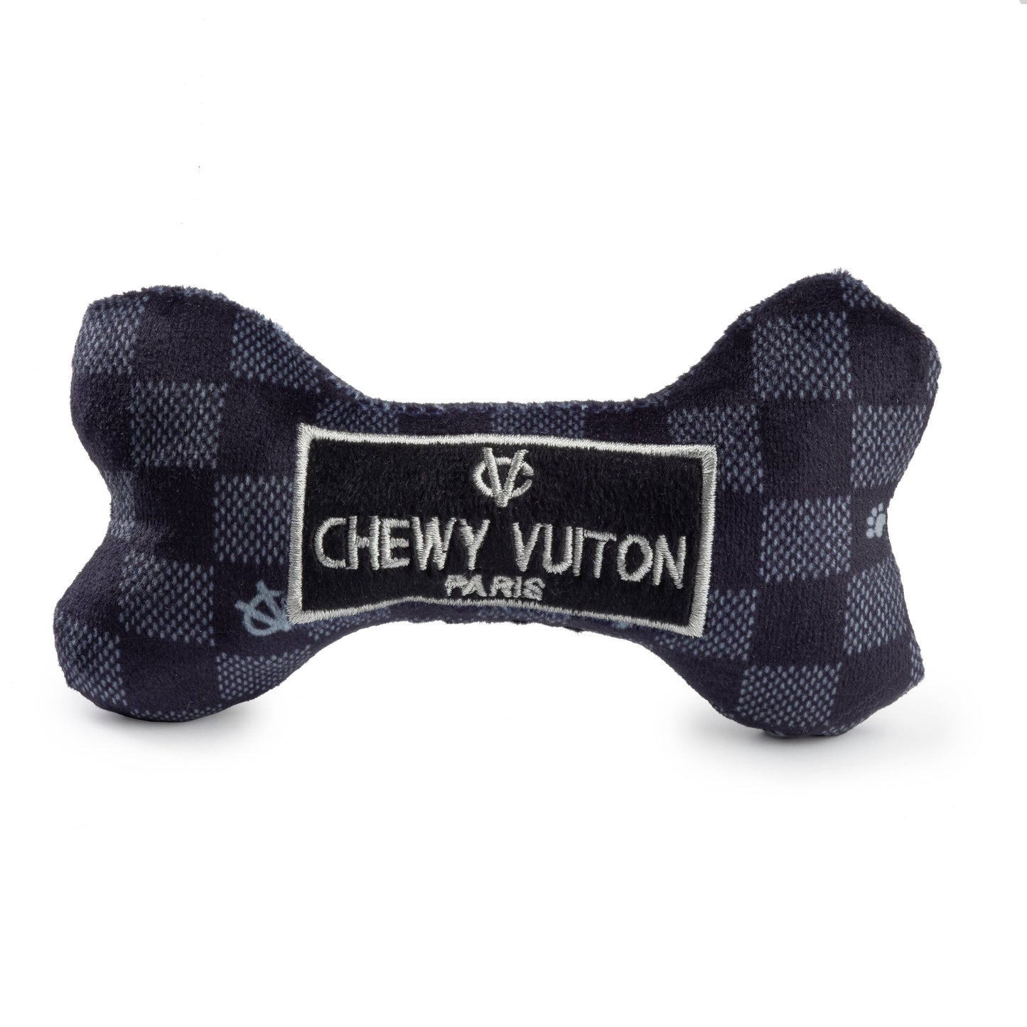 Black Checker Chewy Vuiton Bone Squeaker Dog Toy: Small