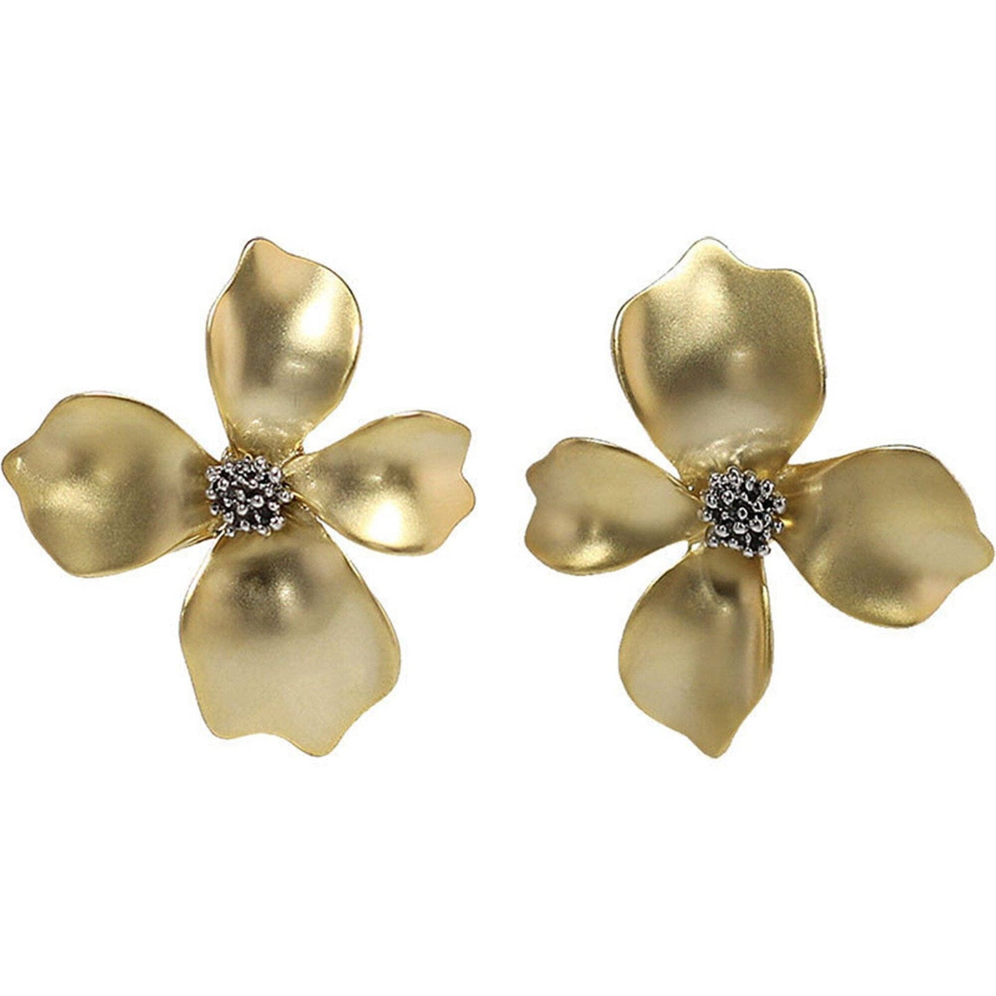 Gold Flower Petal Silver Post Stud Earrings in Solid Copper