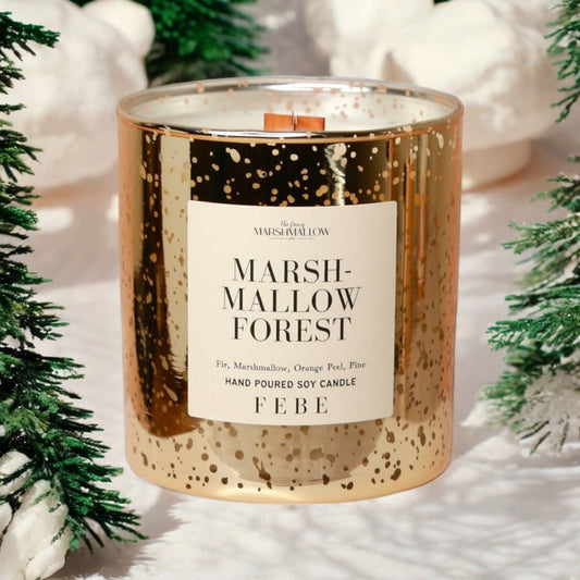 Marshmallow Forest- Vanilla + Pine 10oz Gold Glass Candle