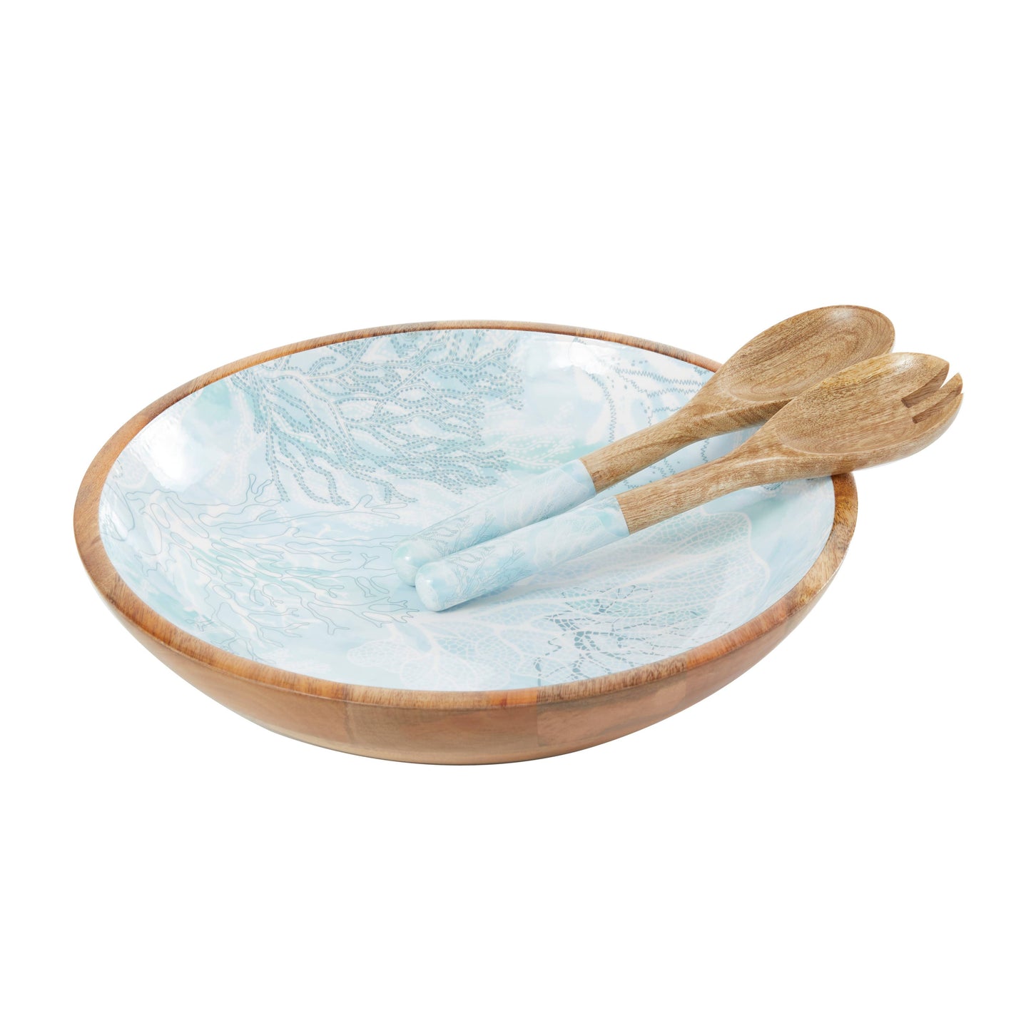 Blue or Cream Mango Wood Handmade Decorative Bowl Set of 3: Light Blue