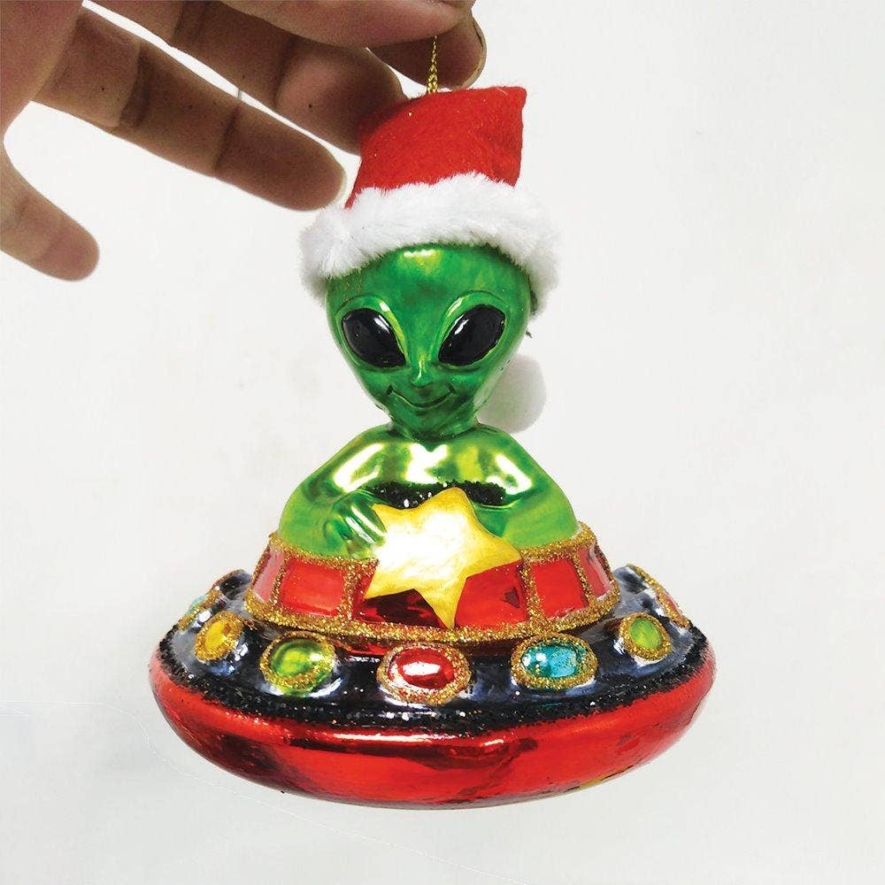 Alien and UFO Glass Christmas Ornament