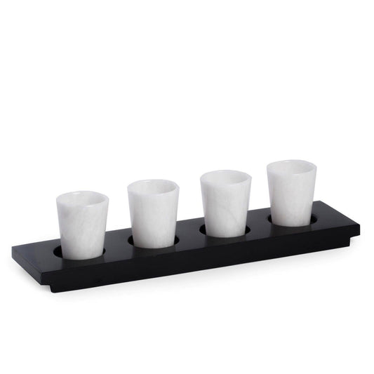 4 White Marble Shot Glasses on Black Marble Serving Tray