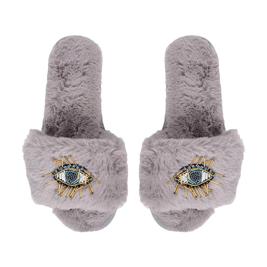 BEADED EVIL EYE SLIPPERS: Grey / Large (9-10)