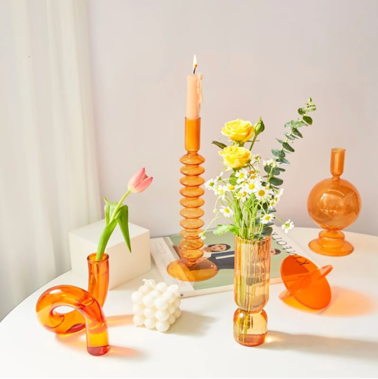 Orange Glass Candlestick Holder: F