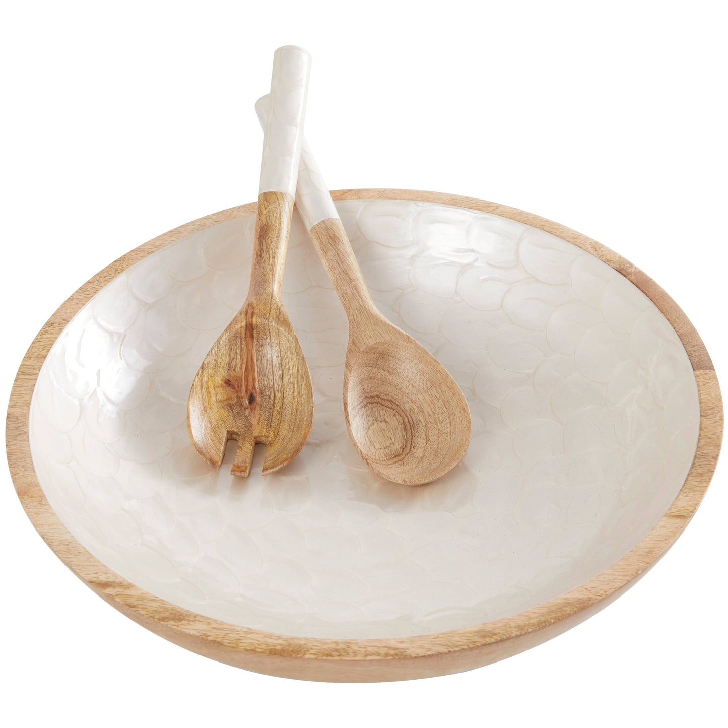 Blue or Cream Mango Wood Handmade Decorative Bowl Set of 3: Light Blue