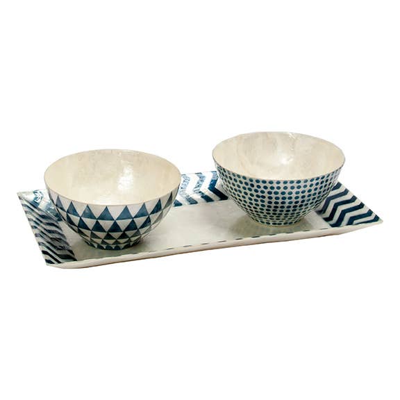 13" Rectangle Capiz Tray w/Zigzag Border (Blue/White)