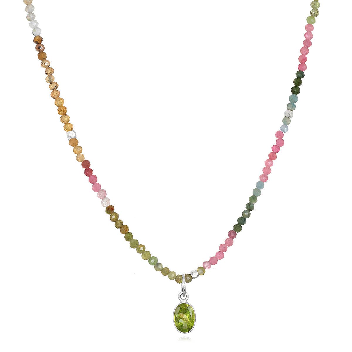 Watermelon Tourmaline & Peridot Charm Necklace: Gold