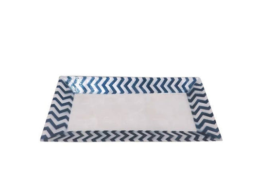 13" Rectangle Capiz Tray w/Zigzag Border (Blue/White)