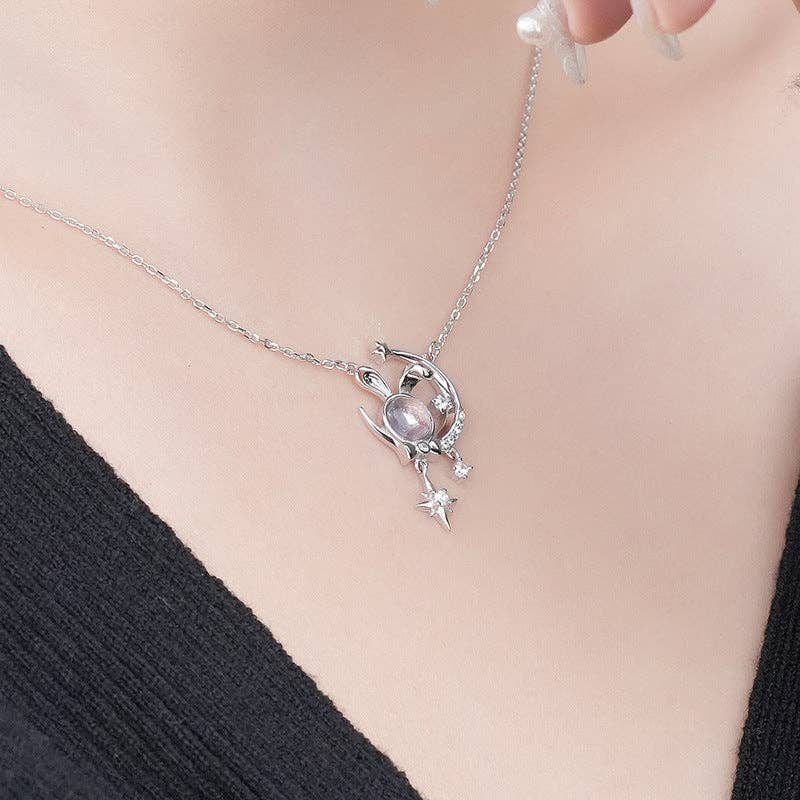 Moon Star Bunny Rabbit Opal Necklace in 925 Sterling Silver