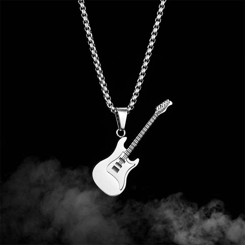 Classic Guitar Charm Pendant Necklace in Stainless Steel: Black / 70cm  Chain