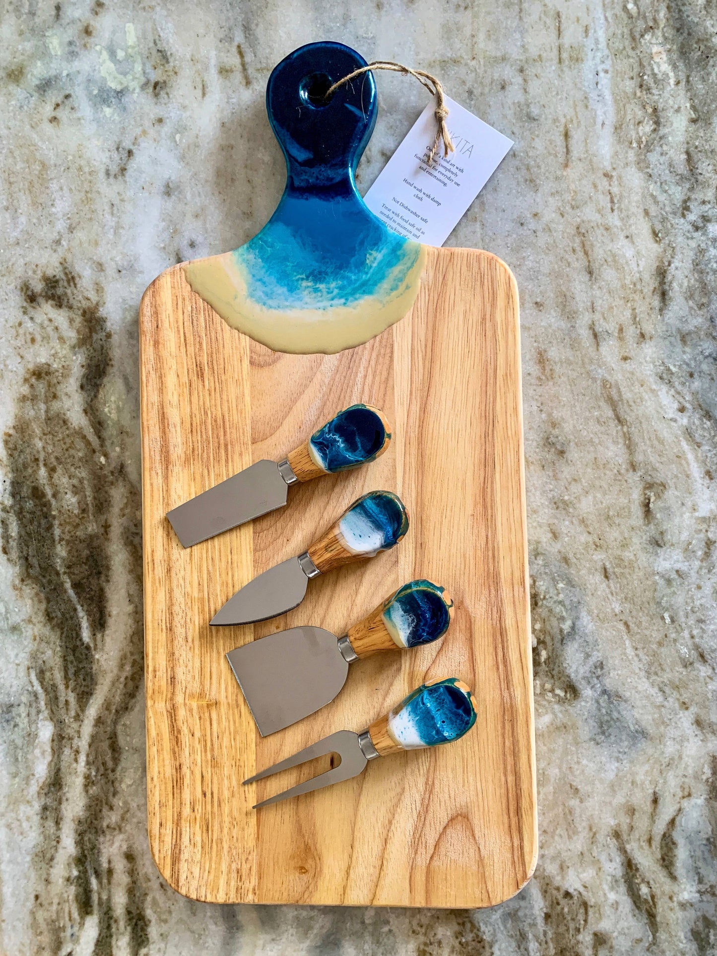 Cheese Utensil Set of 4 with black box organic resin poured: Navy/gold/white