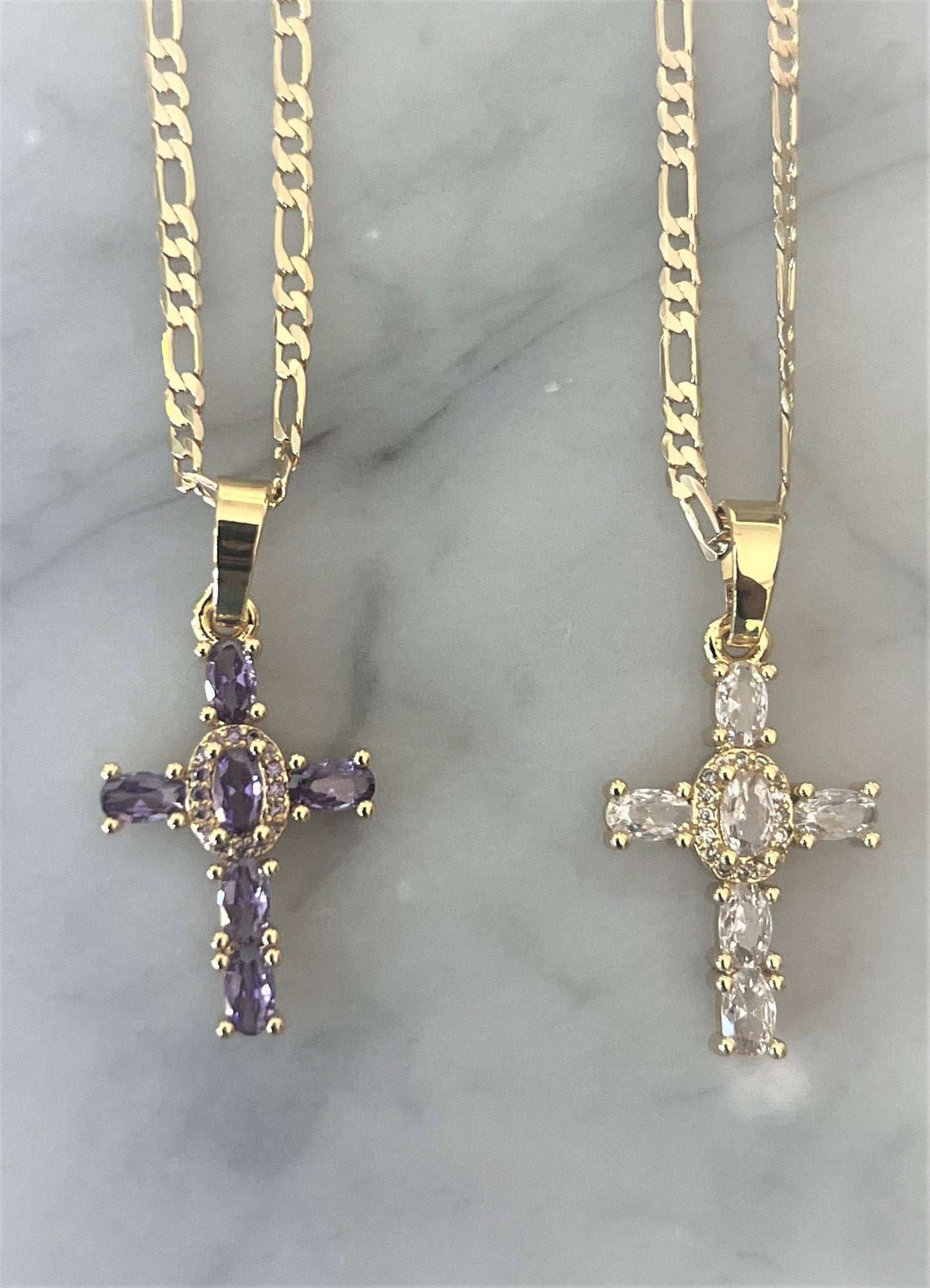 Baguette Figaro Cross Necklace: Violet