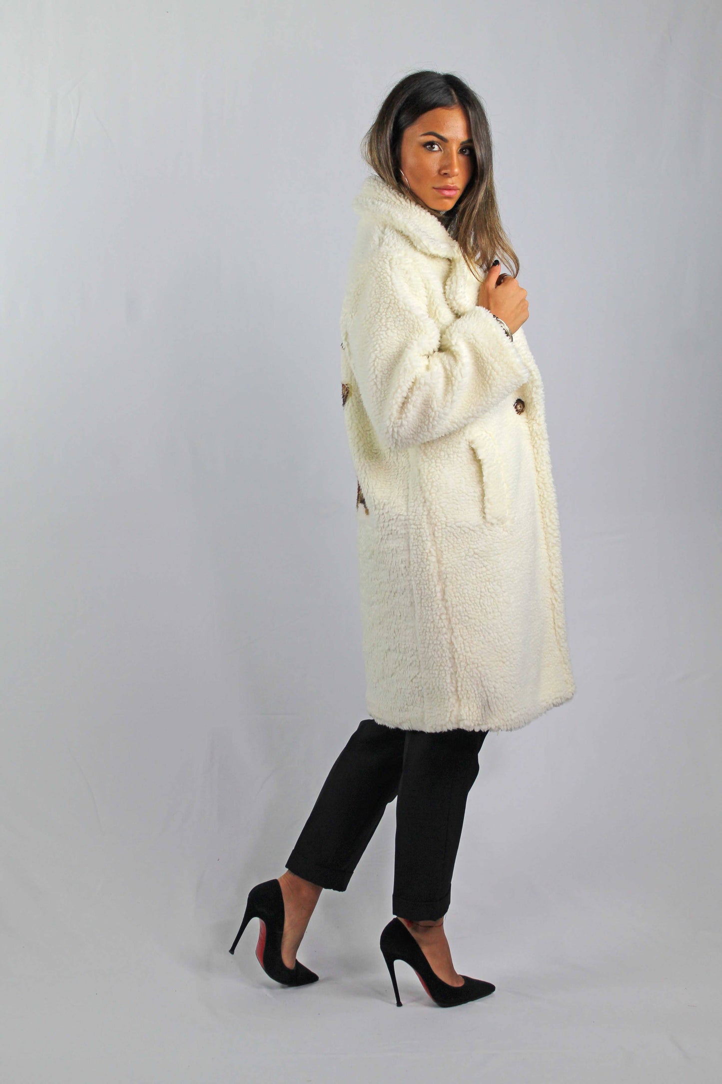 TEDDY BEAR PLUSH WINTER COAT WITH TEDDY BEAR PRINT: Beige