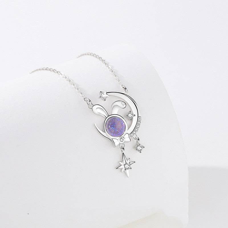 Moon Star Bunny Rabbit Opal Necklace in 925 Sterling Silver