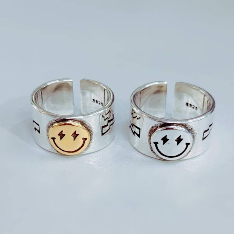 Smiley Smile Face Couple Matching Band Ring in Solid Copper: Gold