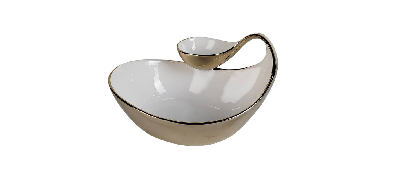 White Porcelain Chip And Dip Bowl Gold Edged 10"D