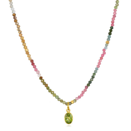 Watermelon Tourmaline & Peridot Charm Necklace: Gold