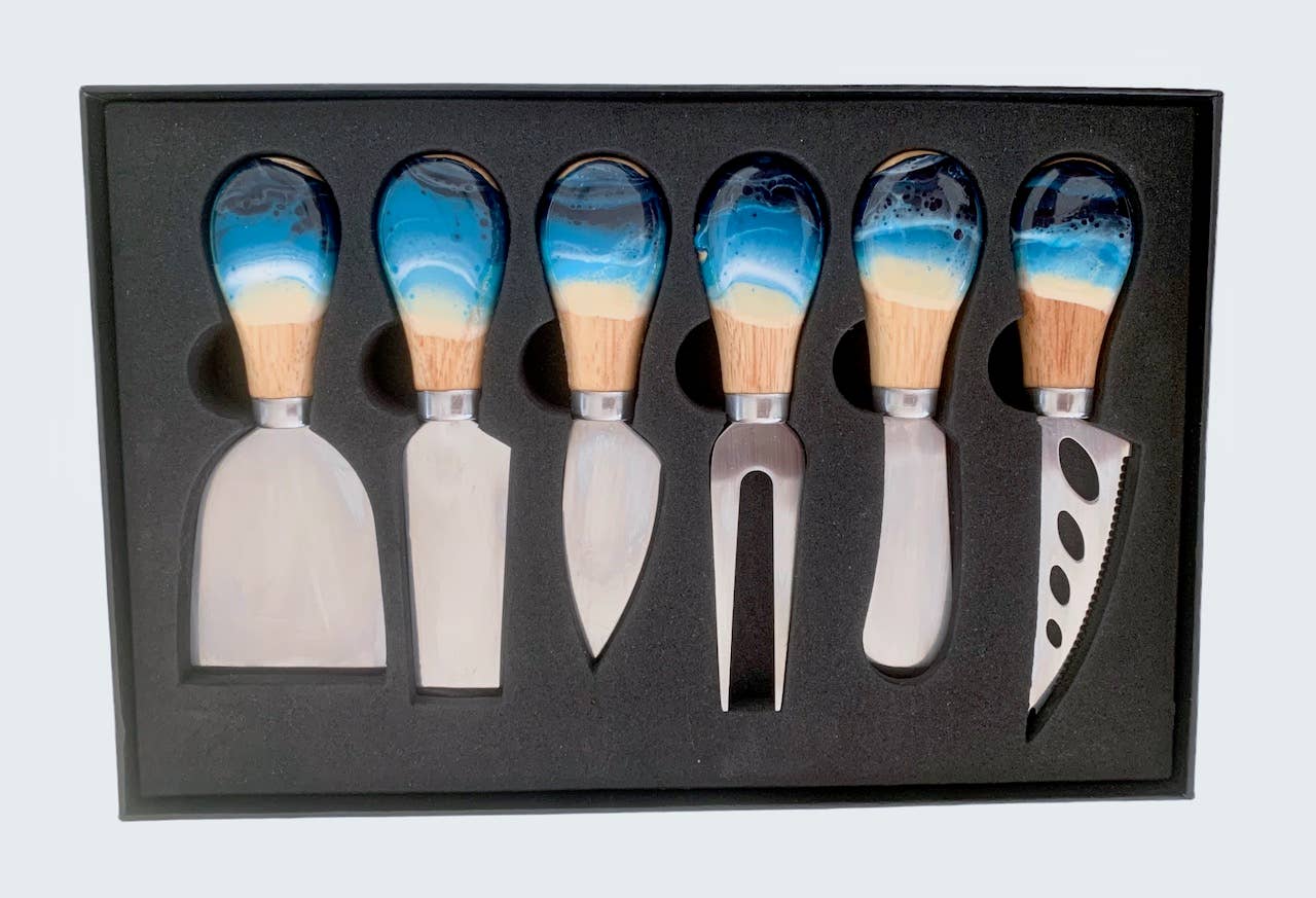 Cheese Utensil Set of 6 with black box organic resin: Black/White/Gold