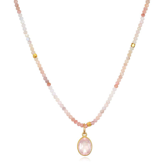 Pink Opal & Rose Quartz Charm Necklace: Gold