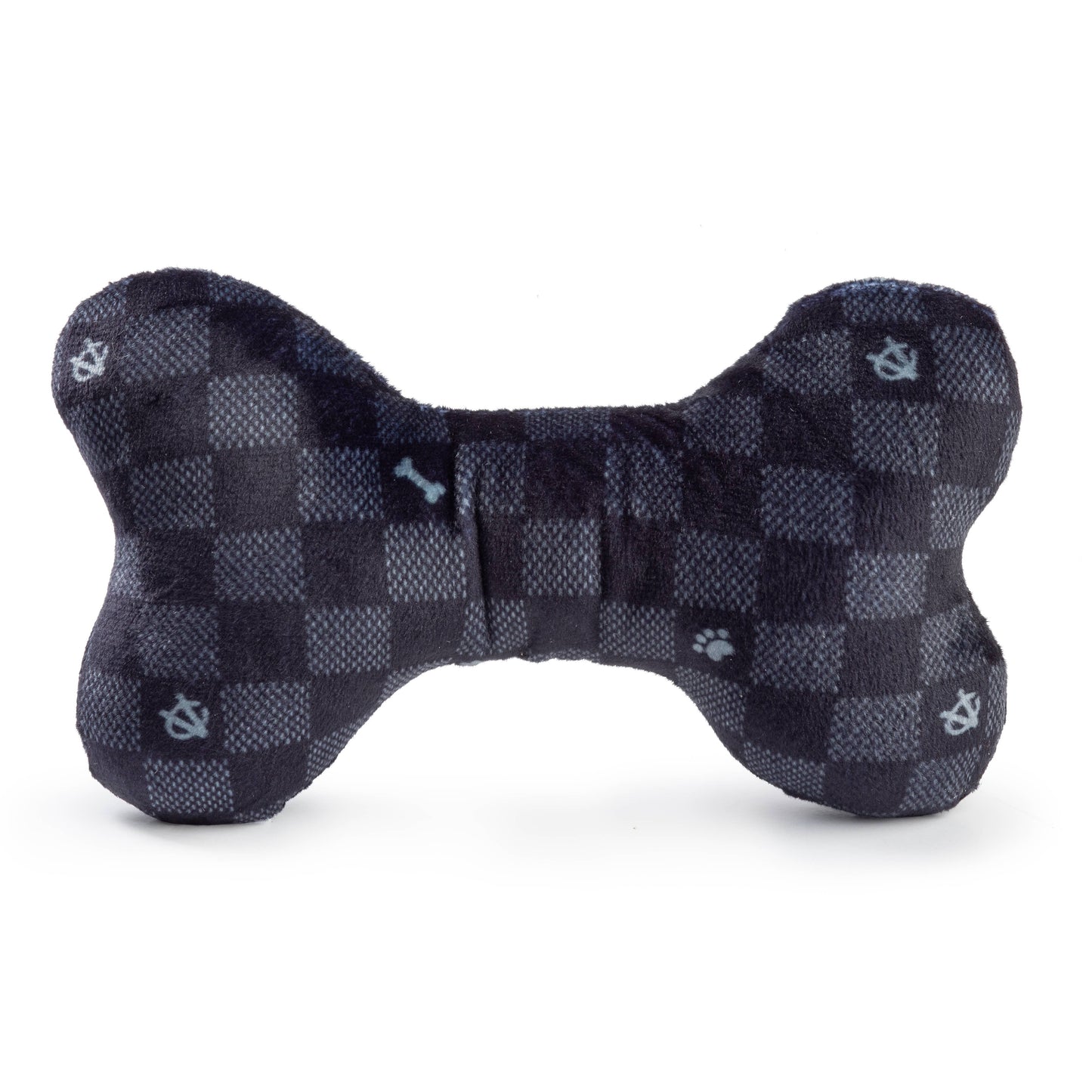 Black Checker Chewy Vuiton Bone Squeaker Dog Toy: Small