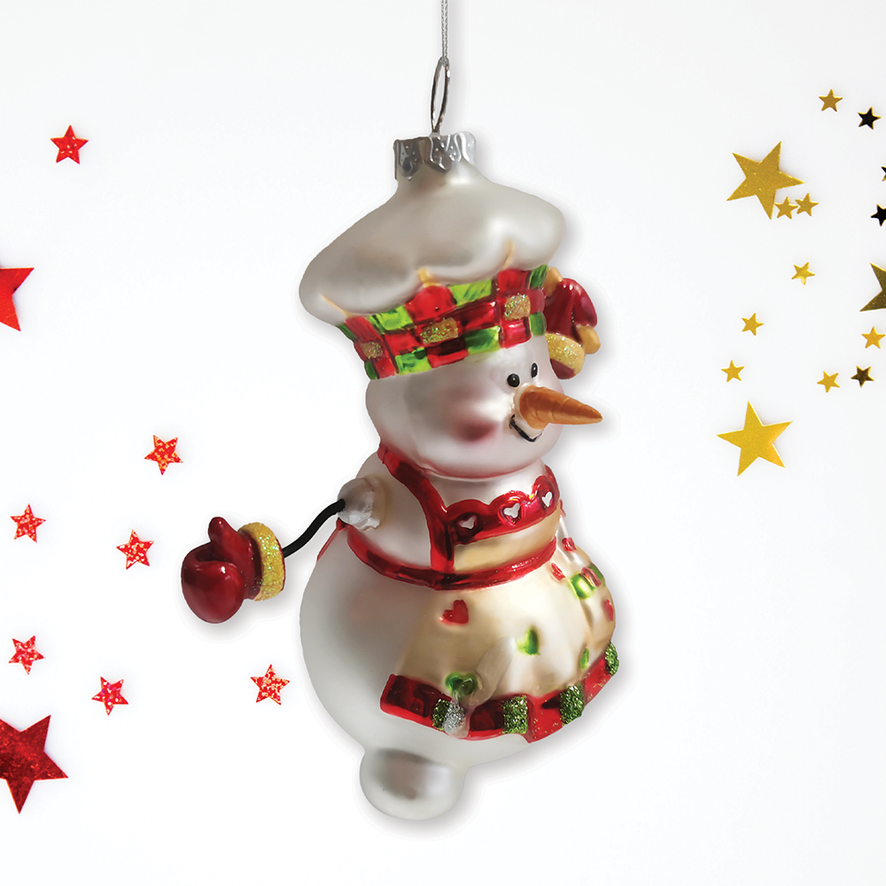 Cheerful Holiday Snowman Chef Glass Christmas Ornament