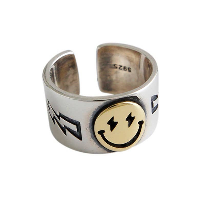 Smiley Smile Face Couple Matching Band Ring in Solid Copper: Silver